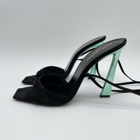 SAINT LAURENT | Vitti Sandal in Nero & Hope Green Black Suede - Picture 5 of 13